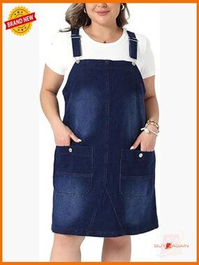 Plus Size Denim Overalls Dress Adjustable Strap Bib Jumpsuit with Pockets
